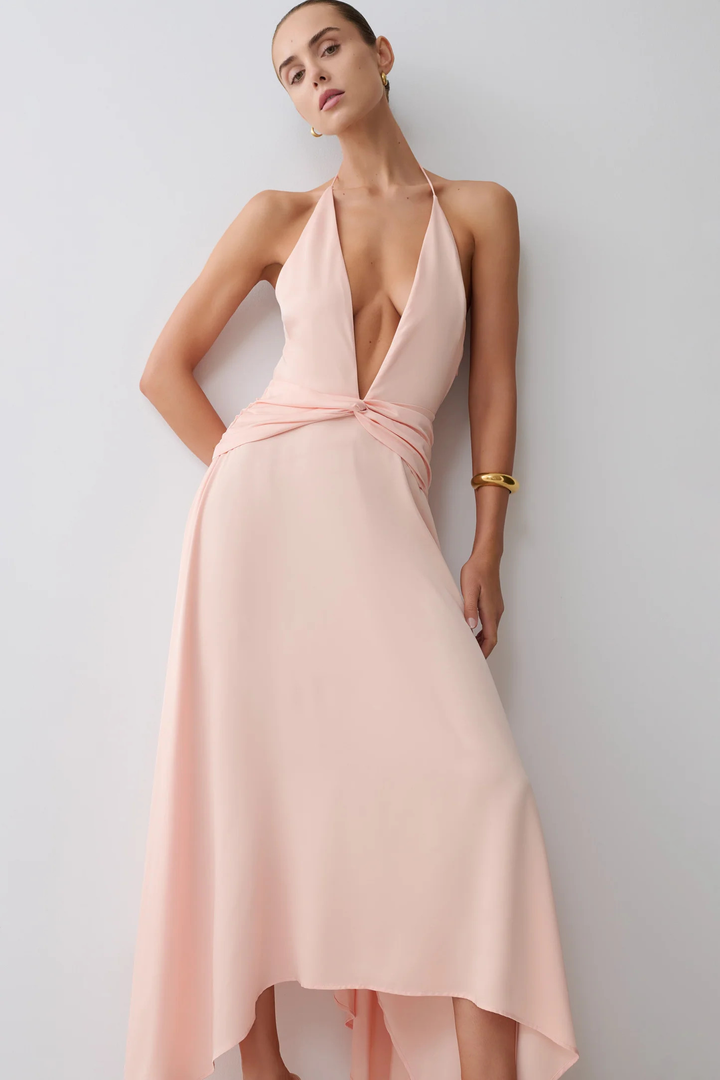 Cyra Plunge Satin Midi Dress - Peach | MESHKI US
