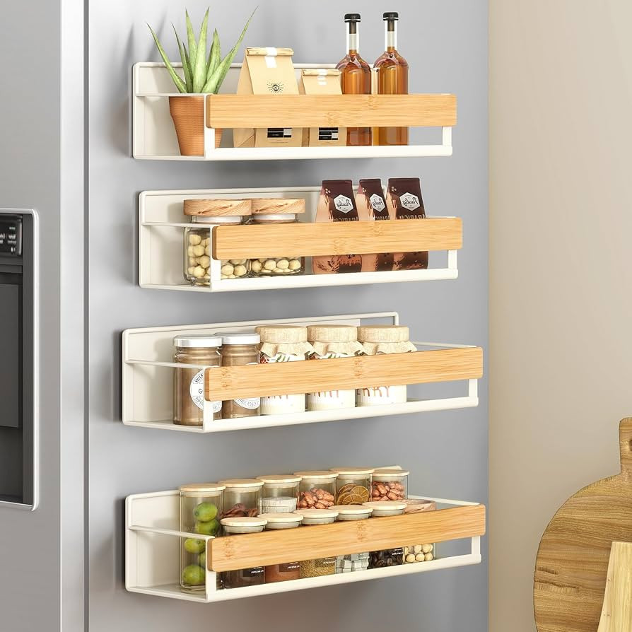 SONGMICS Magnetic Bamboo Spice Rack for Refrigerator, 4 Pack, 2 Large and 2 Small Kitchen Magneti... | Amazon (US)