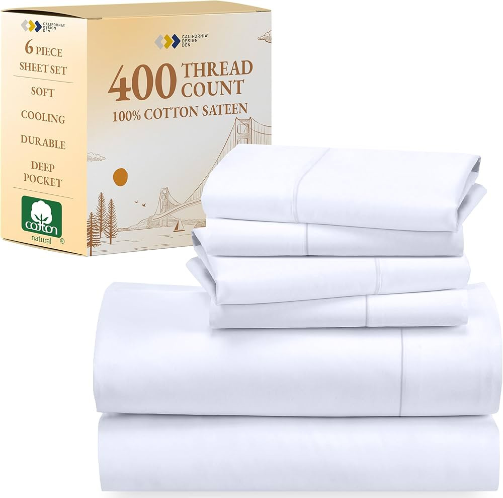California Design Den 6-Pc Queen Size Sheet Set with 4 Pillowcases - 400 Thread Count 100% Cotton... | Amazon (US)
