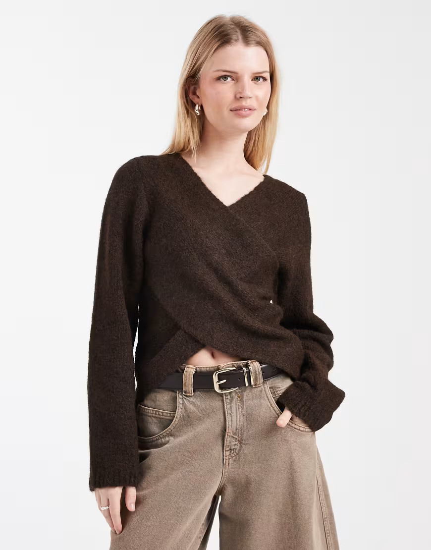 ONLY reversible wrap around knit sweater in brown | ASOS (Global)