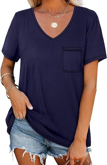 Womens T Shirts Short Sleeve V Neck Summer Tops Casual Loose S-2XL | Amazon (US)
