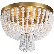 3-Light Gold Finish Wood Bead Flush Mount Bohemia Ceiling Light Mini Chandelier for Bedroom, Kitchen | Amazon (US)