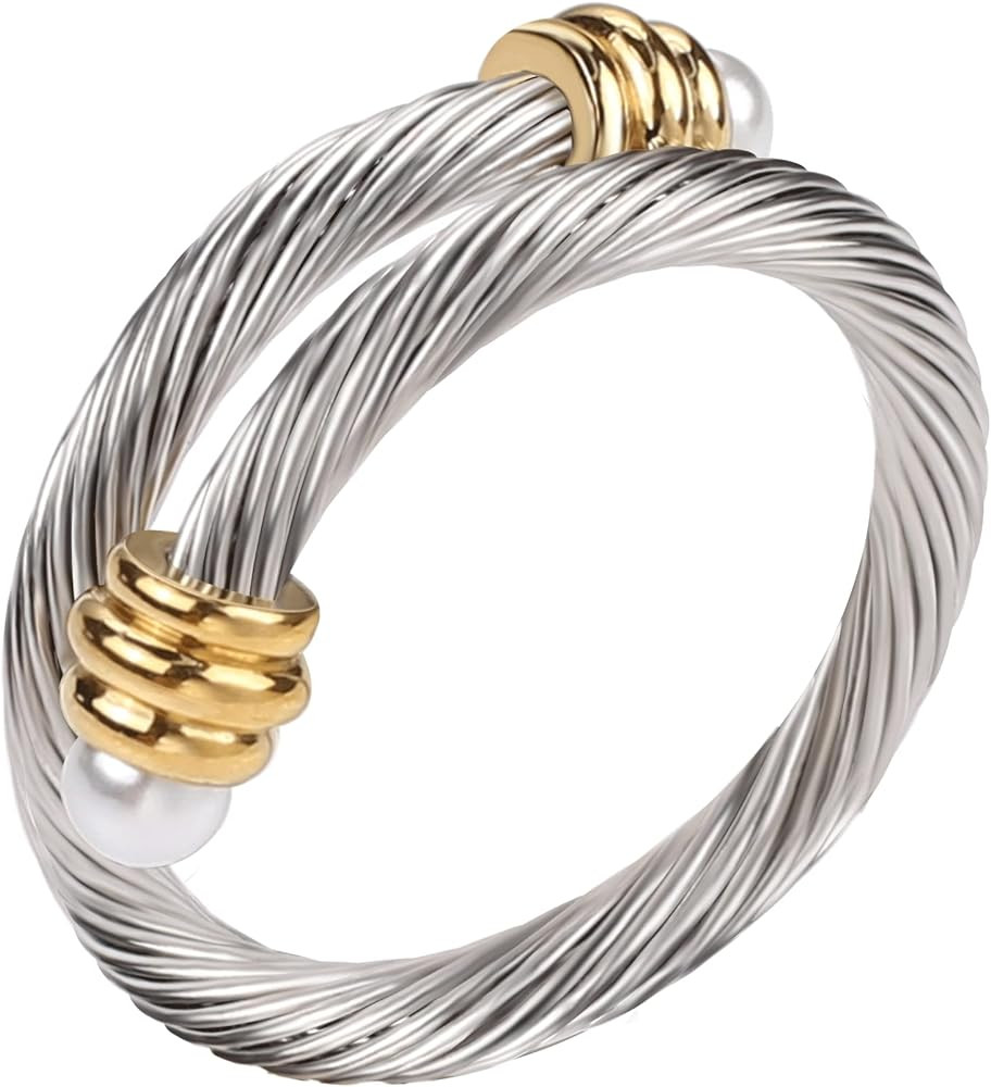 Twisted Cable Wire Rings for Women, Adjustable Stainless Steel Open ring in Two Tone Silver Gold ... | Amazon (US)