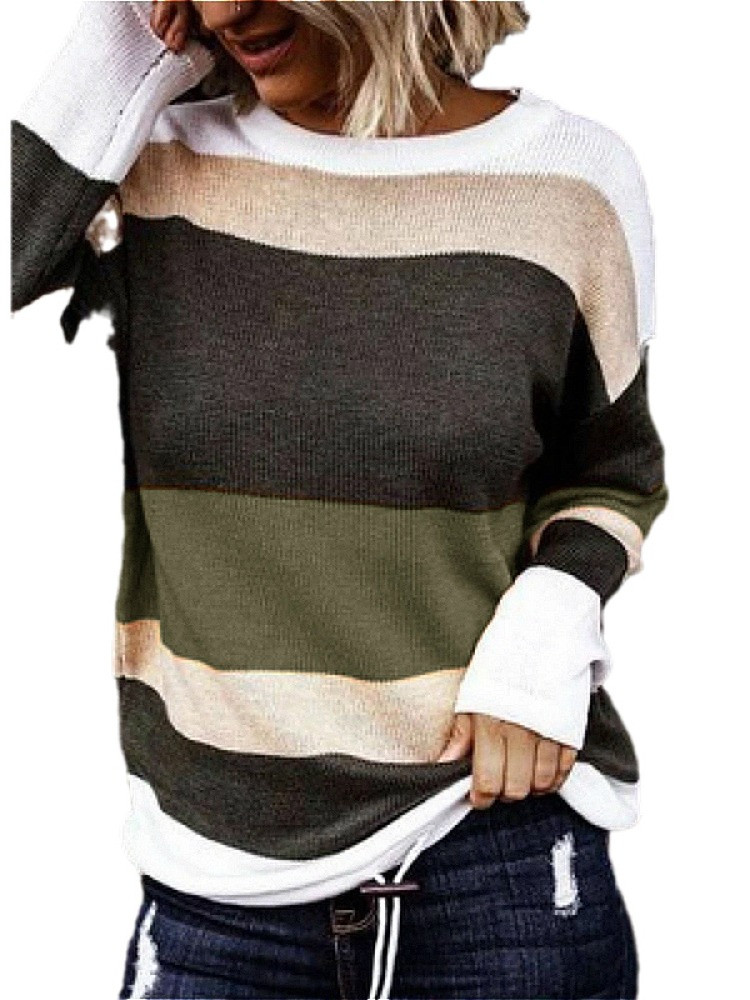 Women'S Fashion Colorblock Striped Round Neck Knit Sweater Top | Walmart (US)