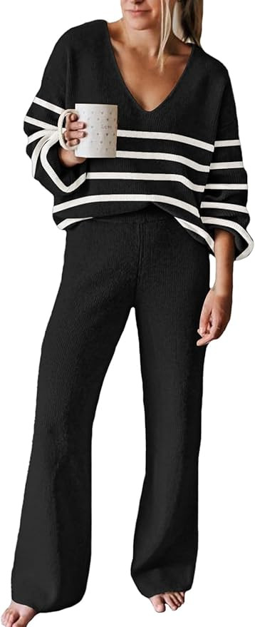 Viottiset Women's 2 Piece Outfits Casual V Neck Knit Wide Leg Sweater Lounge Set Sweatsuit | Amazon (US)