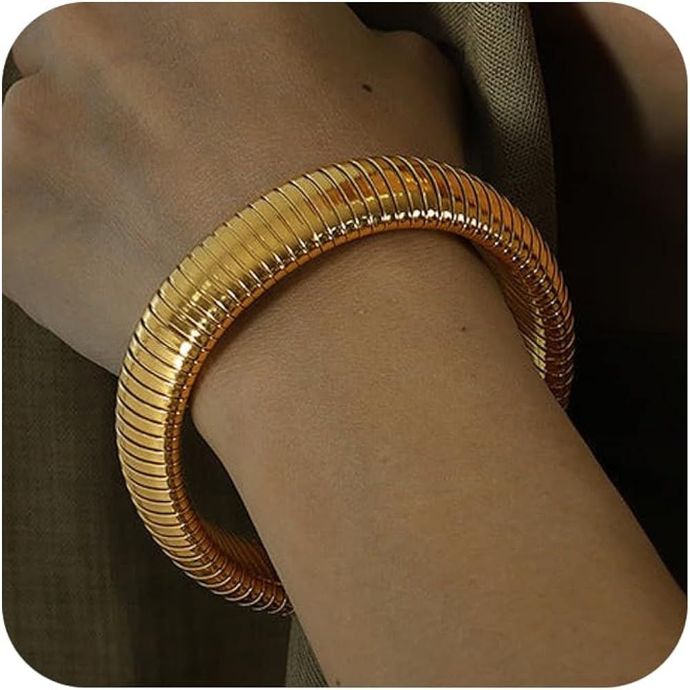 Bracelets for Women 14K Gold Plated/Silver Stretch 10/14/16mm Snake Chain Bangle Cuff Bracelet Je... | Amazon (US)