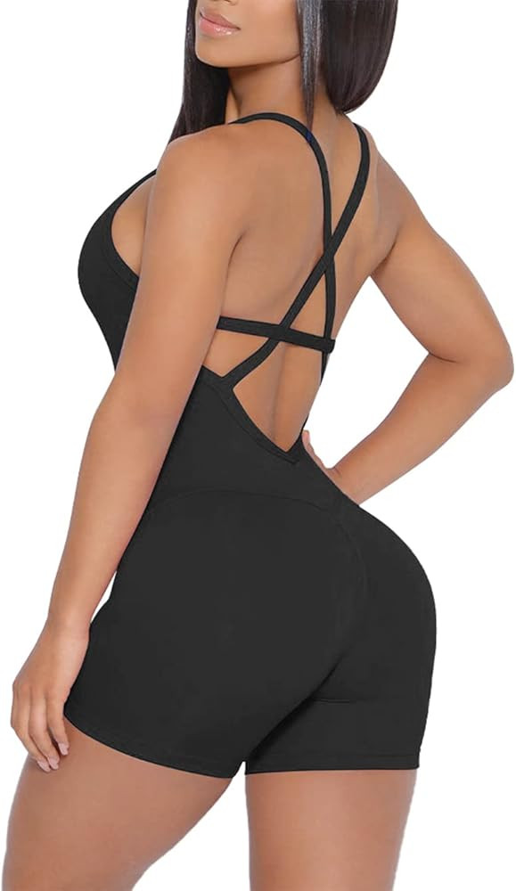YOFIT Womens Criss Cross Blackless Workout Jumpsuit Sleeveless One-Piece Bodycon Rompers Spaghett... | Amazon (US)