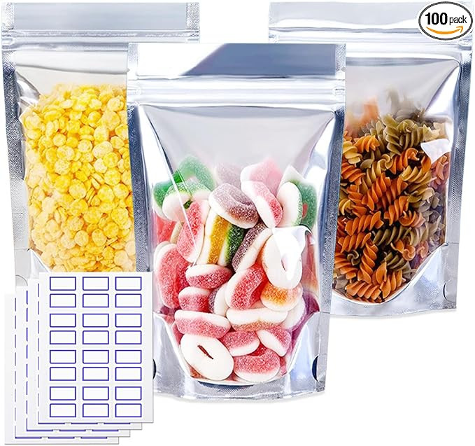 100 Pcs 5"x 8" Resealable Mylar Bags for Food Storage Clear Front Stand Up Pouch Bags with Label ... | Amazon (US)