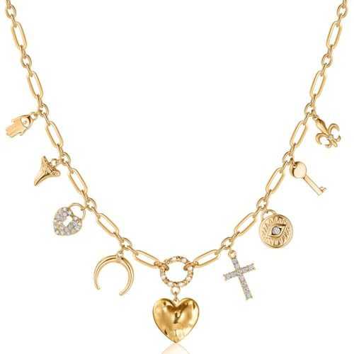 Paperclip Charm Necklace for Women - Heart Charm Necklace for Women with Chunky Gold Heart, Boho Cute Trendy Dainty Chain, Chunky Statement Paper Clip Chain with Multi Gold Tone Lock, Key, and Cross | Amazon (US)