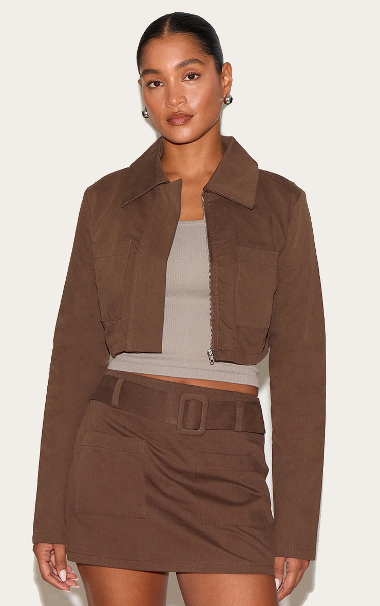 Deep Chocolate Woven Cropped Shacket | PrettyLittleThing US