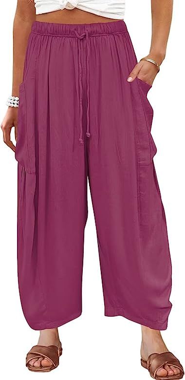 Kalssior Womens Wide Leg Pants Linen Palazzo Lounge Harem Pants Summer Beach Long Trousers with P... | Amazon (US)
