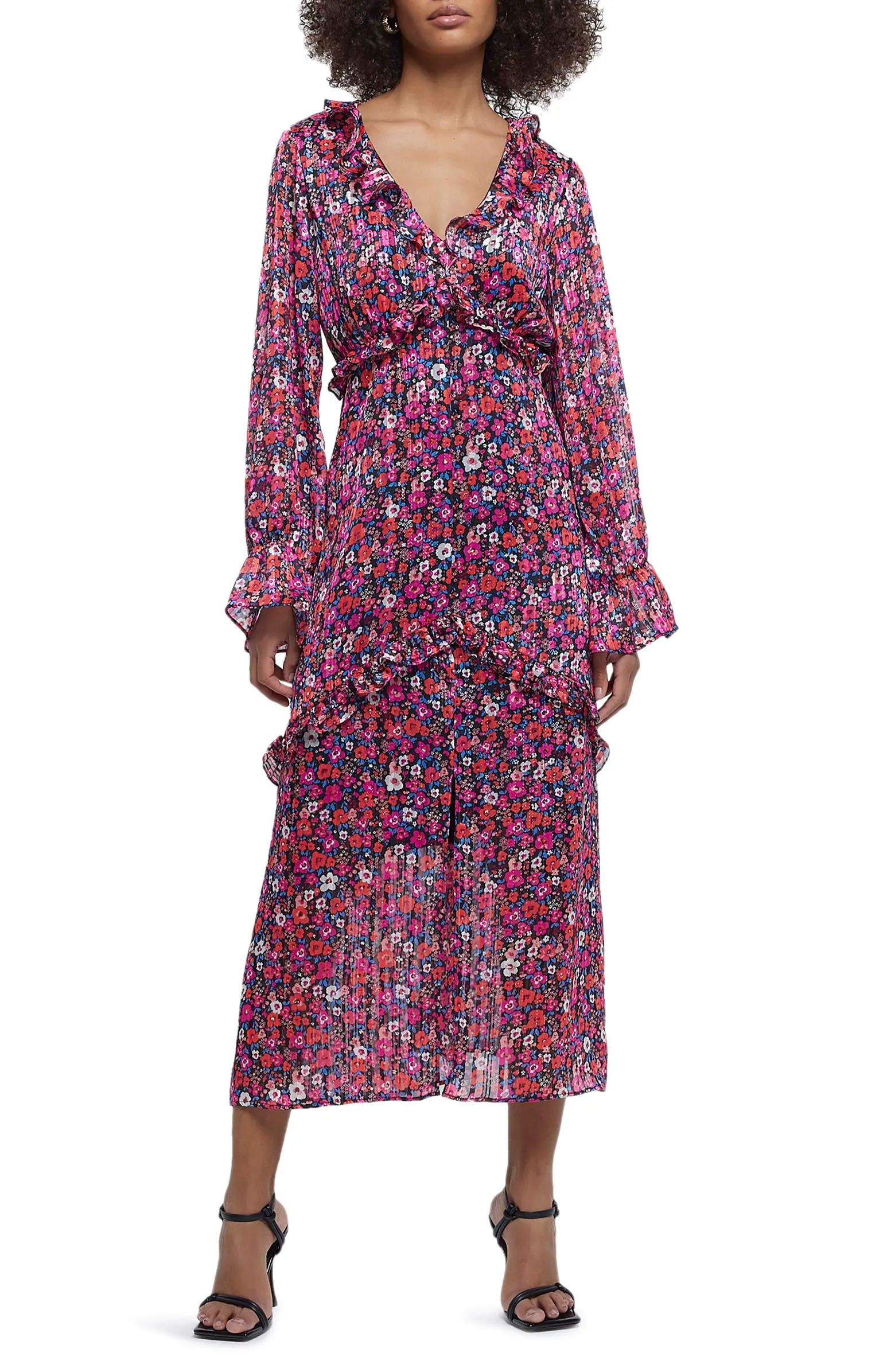 Millie Floral Frill Neck Long Sleeve Midi Dress | Nordstrom