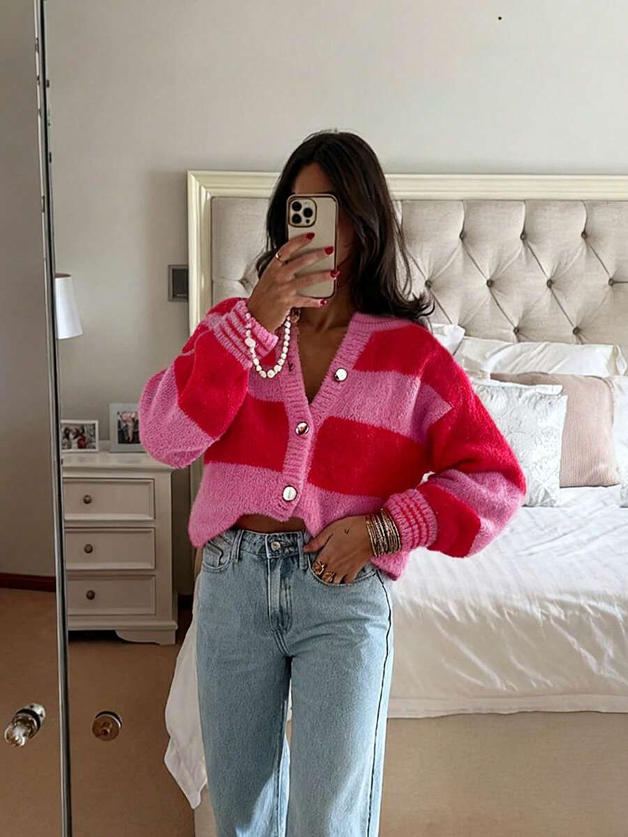 Women's Round Neck Color Block Button Knit Sweater, Long Sleeve Top, French Romantic Sweet Elegan... | SHEIN