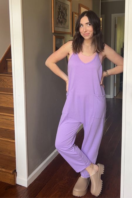Comfy Spring/Summer purple lilac Free People dupe - Amazon overalls 💜

5’8” Size 8, Medium fits TTS. 
Under $35!

#LTKActive #LTKfindsunder50 #LTKtravel