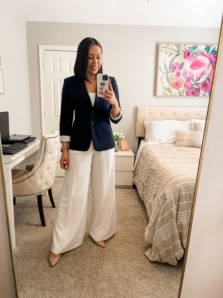 I love pairing this navy blazer with an all white base for a crisp spring workwear look!

- Navy Blazer: Size 6
- Scoop Neck Bodysuit: Size Medium 
- White Wide Leg Pants: Size 4
- Nude Pumps: Size 8

#LTKSeasonal #LTKworkwear #LTKstyletip