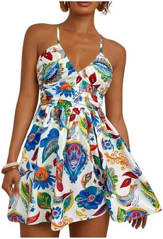 Floerns Women's Boho Tropical Mini Dress Spaghetti Strap Criss Cross Tie Back Summer Dresses Sund... | Amazon (US)