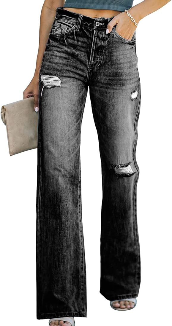 Sidefeel Women Distressed High Waist Wide Leg Jeans Denim Pants | Amazon (US)