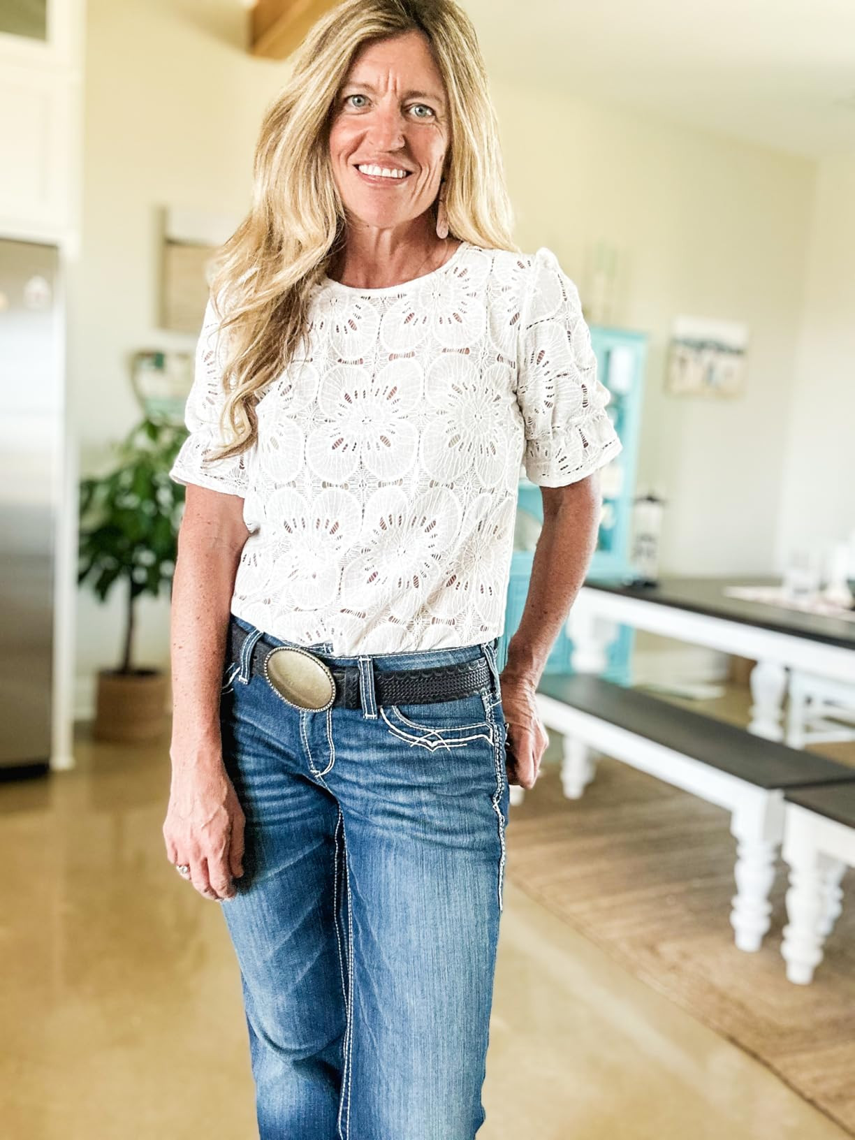 Women's Eyelet Tops Puff Short Sleeve Blouses Dressy Casual Cute Hollow Out Crochet Lace Embroide... | Amazon (US)