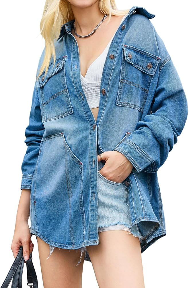PLNOTME Womens Denim Shackets Oversized Casual Trendy Long Sleeve Button Down Jean Jackets with P... | Amazon (US)