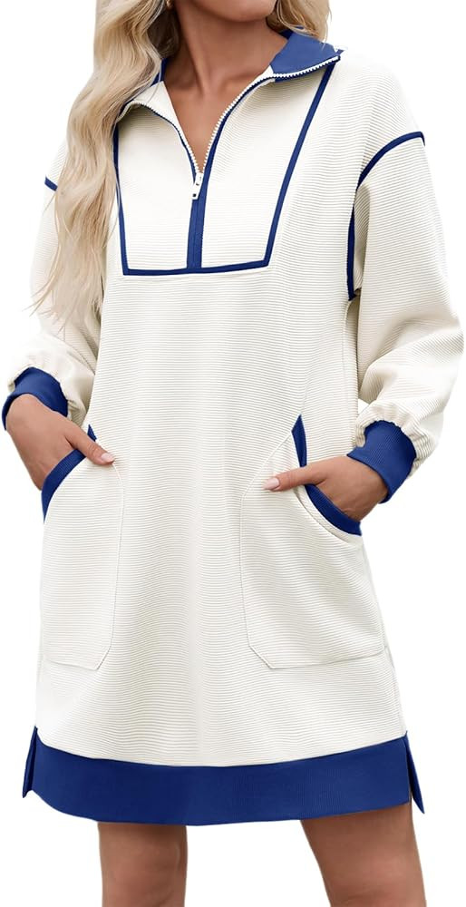 Wenrine Women's Oversized Sweatshirt Dress Half Zip V Neck Long Sleeve Contrast Fall Casual Mini ... | Amazon (US)
