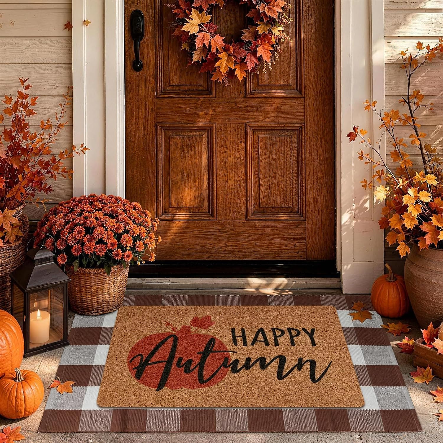 2-Piece Fall Front Door Mat Set, Coir Mat & Brown White Buffalo Plaid Mat | Amazon (US)