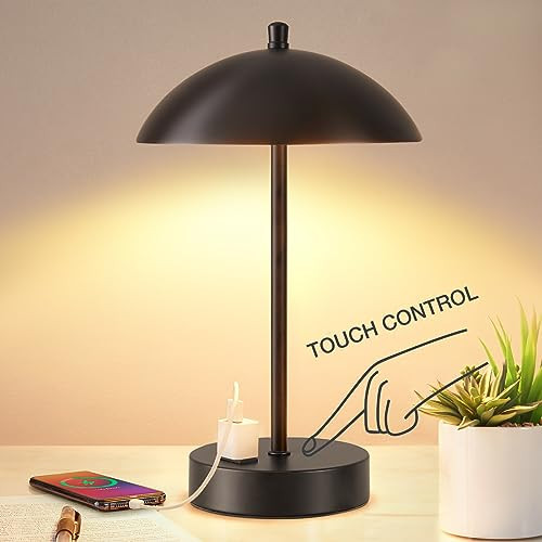 Modern LED Desk Lamp with AC Adapter, 12" 3-Way Dimmable Touch Bedside Reading Lamp, Minimalist Black Small Nightstand Table Lamp with Mushroom Dome Shade for Bedroom Living Room Office, Bulb Included | Amazon (US)