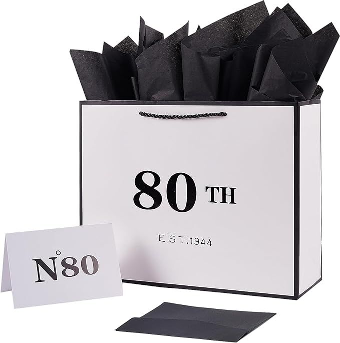 80th Birthday White and Black Large Gift Bag with Card and Tissue Paper, Metallic Printing Keepsa... | Amazon (US)