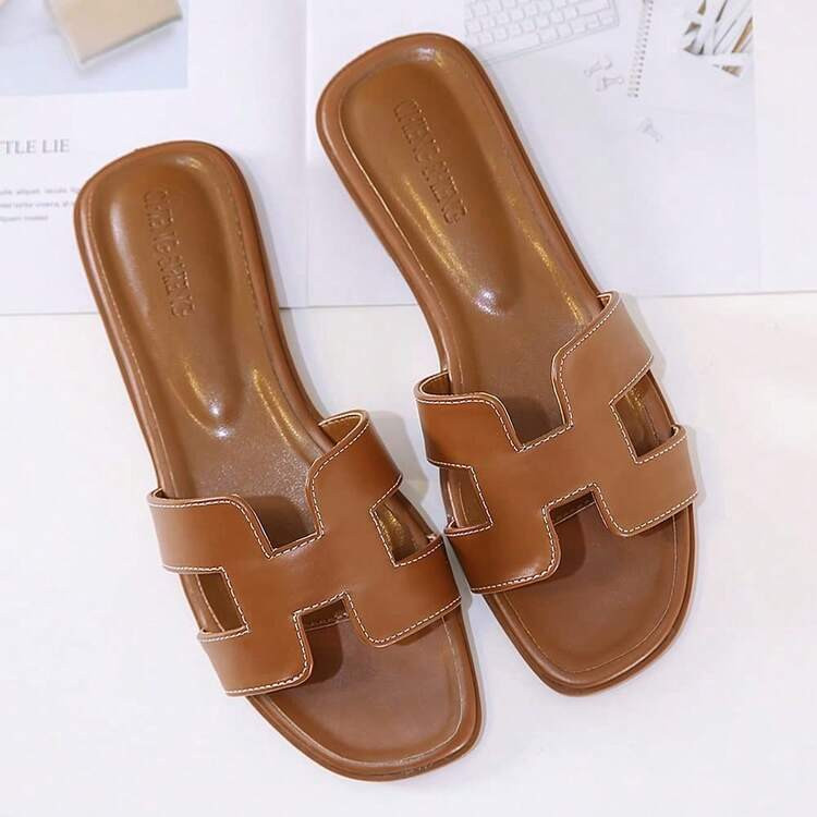 Womens Flat Sandals Open Toe Dressy Summer Sandals Comfortable Casual Slip On Leather Slides Sand... | SHEIN
