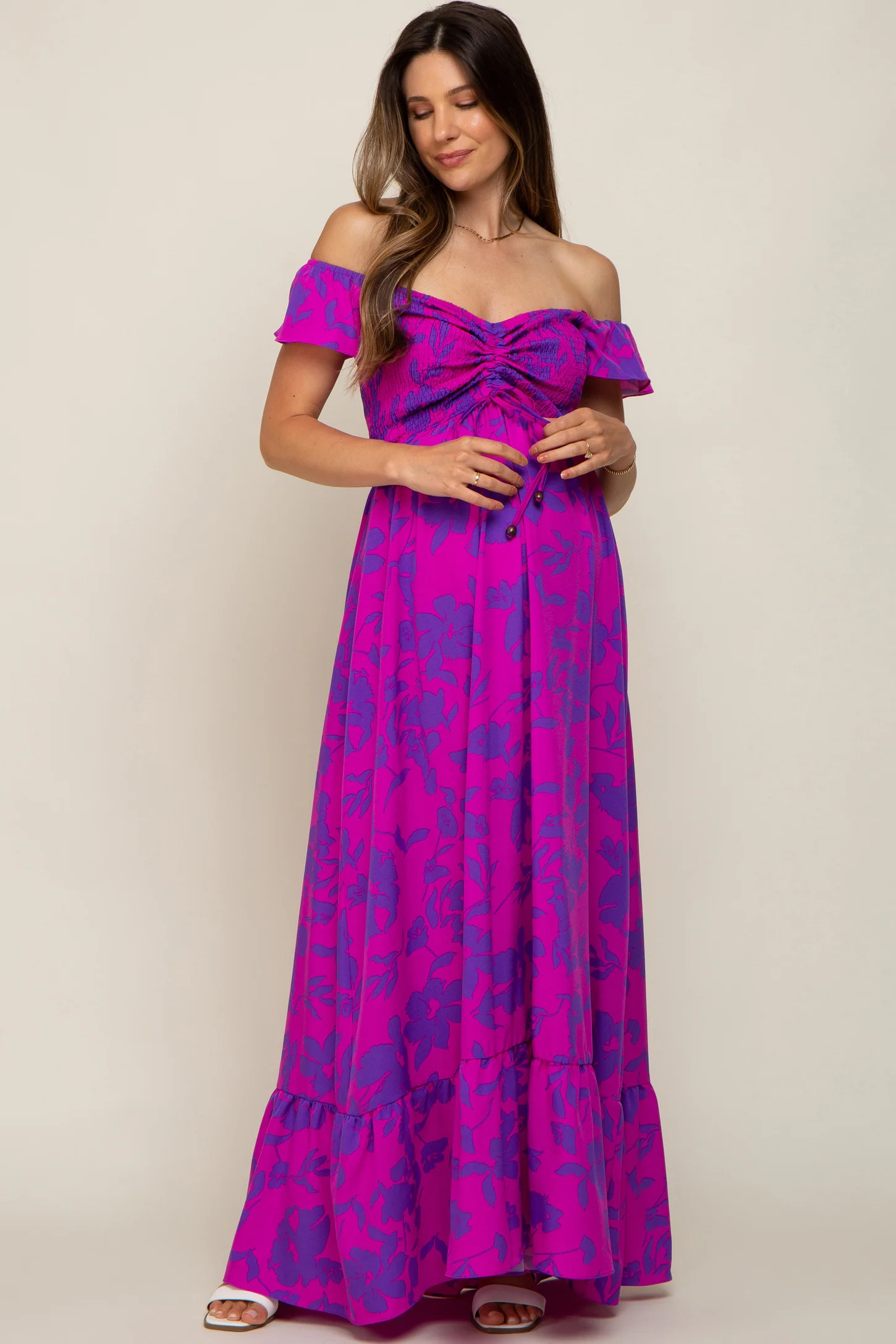 Magenta Floral Smocked Cinched Top Maternity Maxi Dress | PinkBlush Maternity
