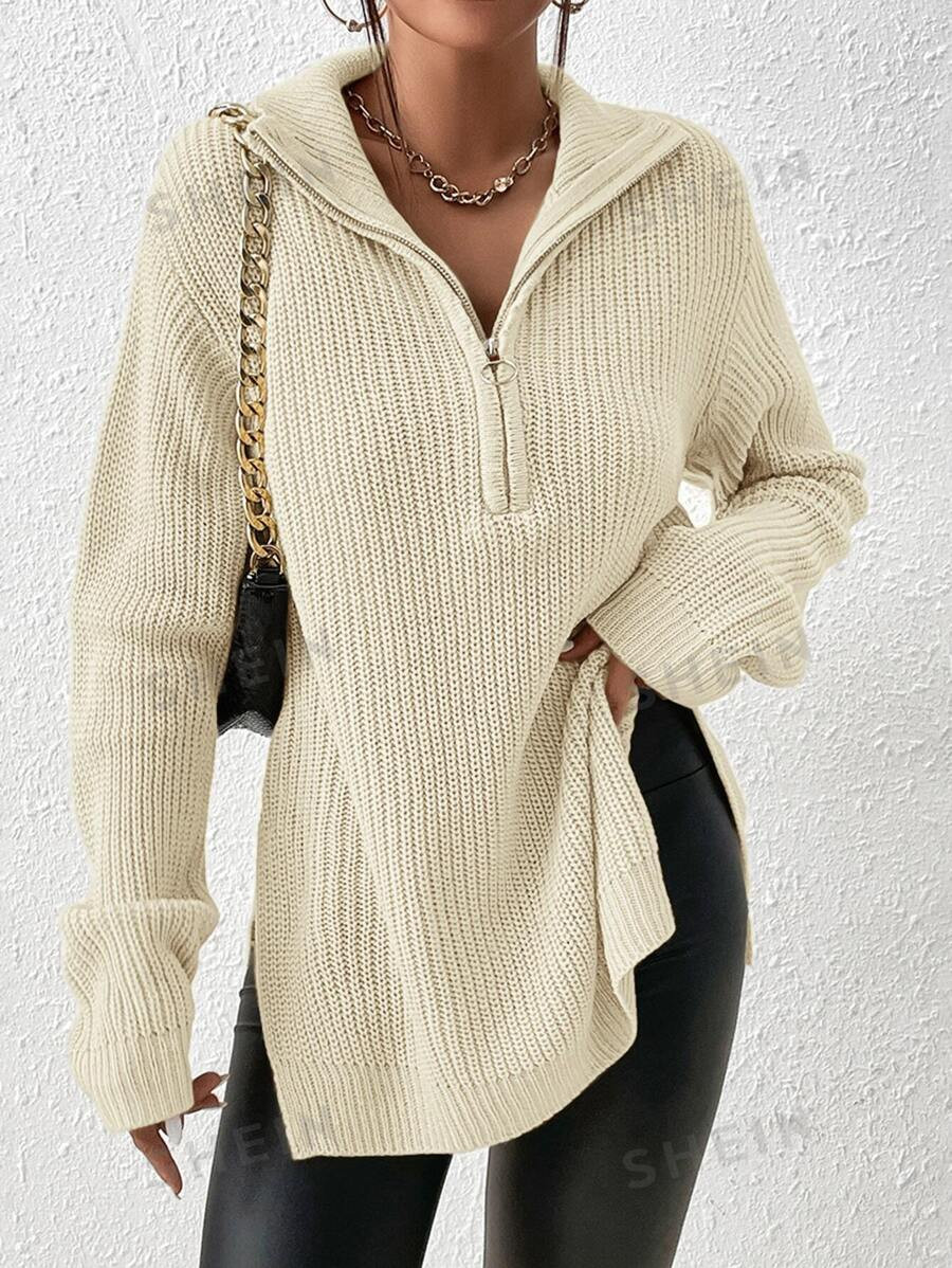 SHEIN Frenchy Half Zip Split Hem Drop Grain Fabric Shoulder Sweater | SHEIN
