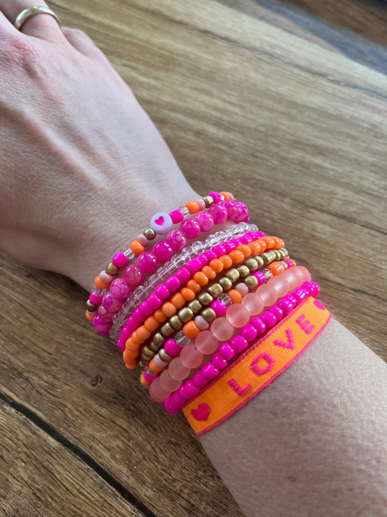 Stack Bracelets Set of 10 Pieces Neon Pink, Hot Pink and Orange. Summer Set of Festival Bracelets... | Etsy (US)