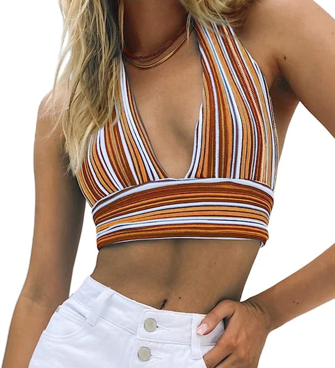 MISSACTIVER Women’s Halter Backless Knitted Crop Top V Neck Bandage Stripe Crop Tank Top Vest T... | Amazon (US)