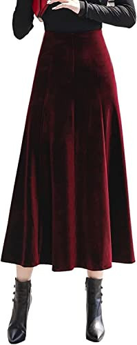 Women's Vintage Velvet A-line Elastic High Waist Pleated Solid Swing Flowy Midi Skirt Thicken Warm for Winter(XL,Wine) | Amazon (US)