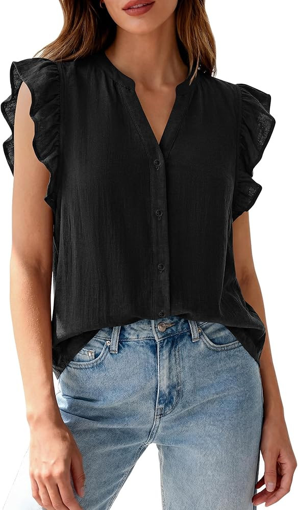 Zenlonr Womens Short Ruffle Sleeve Shirts V Neck Button Down Shirt Solid Color Going Out Spring T... | Amazon (US)