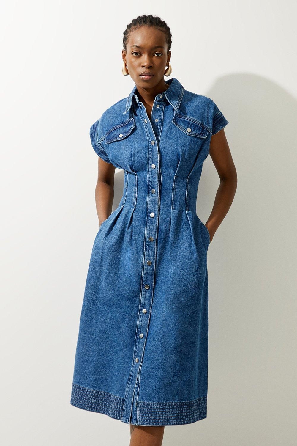 Denim Button Through Darted Waist Midaxi Shirt Dress | Karen Millen US