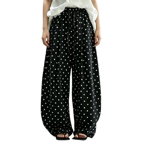 Women Polka Dot Pants Linen Blend Wide Leg High Waist Drawstring Casual Loose Vacation Lounge Pal... | Amazon (US)
