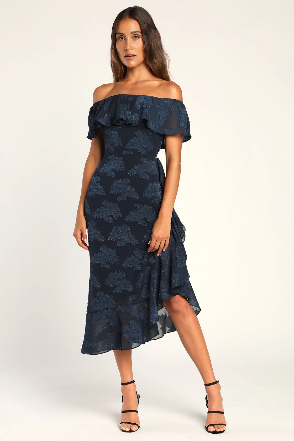 Pretty Perfect Navy Burnout Floral Off-The-Shoulder Midi Dress | Lulus (US)