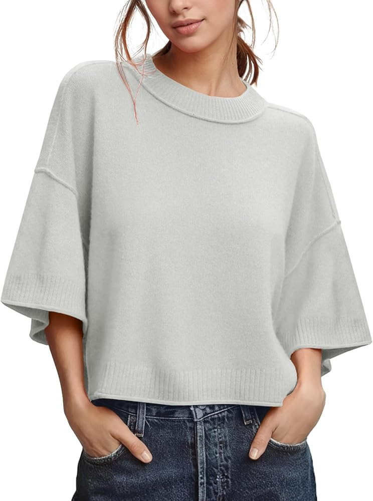 Womens Oversized Sweaters Summer Short Sleeve Casual Cropped Knit Tops | Amazon (US)