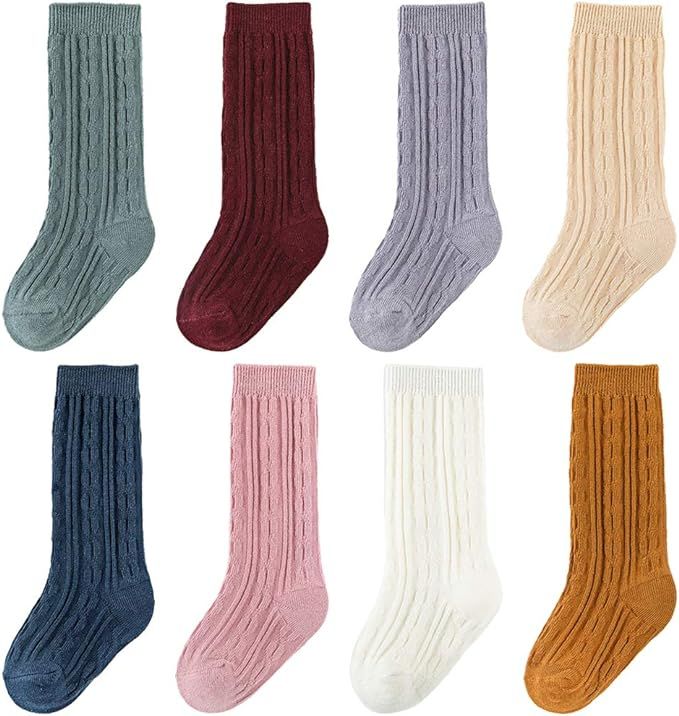 Toddler Knee High Socks 8 Pairs Baby Little Girls Cable Knit Cotton Stockings 0-5T | Amazon (US)