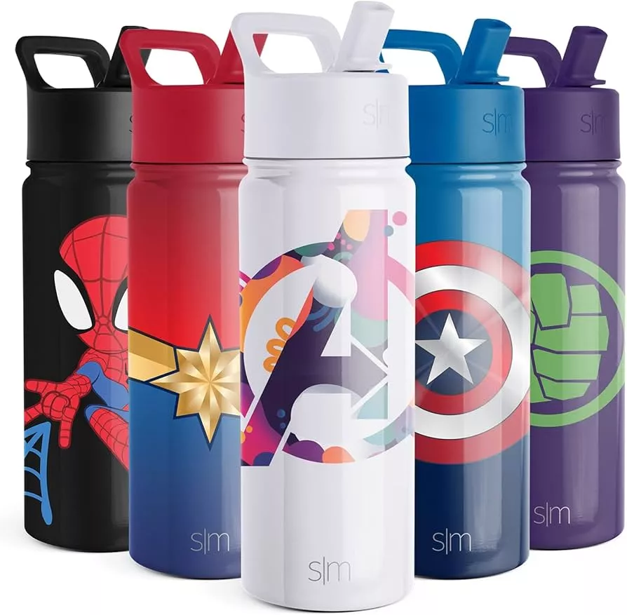  Simple Modern Marvel Avengers Kids Water Bottle with Straw Lid, Insulated Stainless Steel Reusable Tumbler Gifts for School, Toddlers,  Boys, Summit Collection
