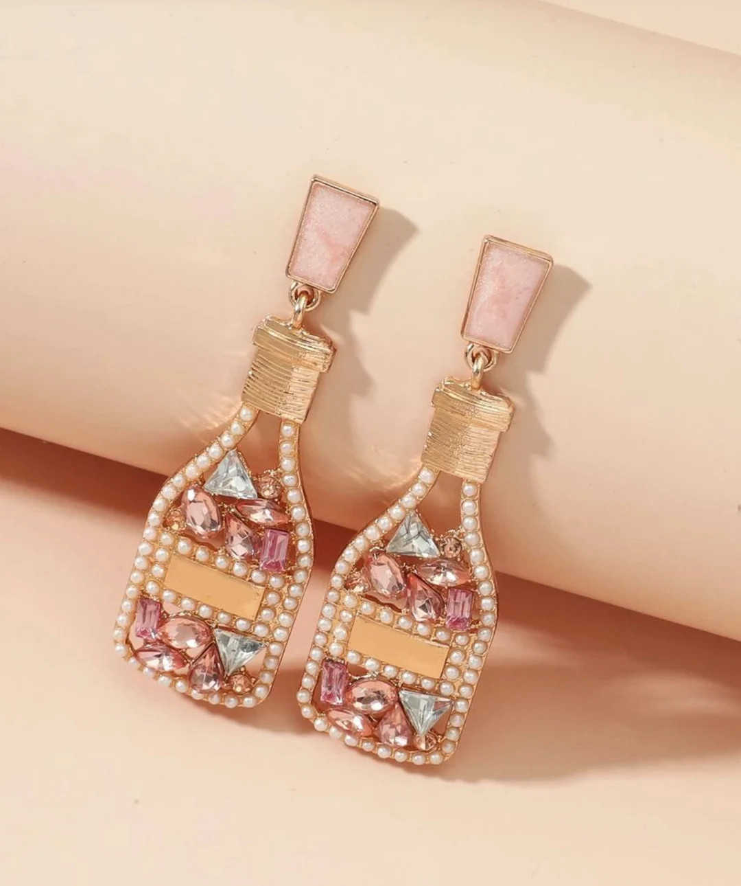 Pop the bubbly! Champagne, Wine, Rose Earrings - Handmade Rhinestone, NYE, Bachelorette, Napa, Wi... | Etsy (US)