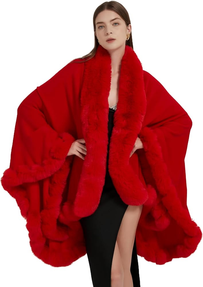 Faux Fox Fur Trim Cardigan Cloak Shawl Wraps Winter Poncho Oversized Cape | Amazon (US)