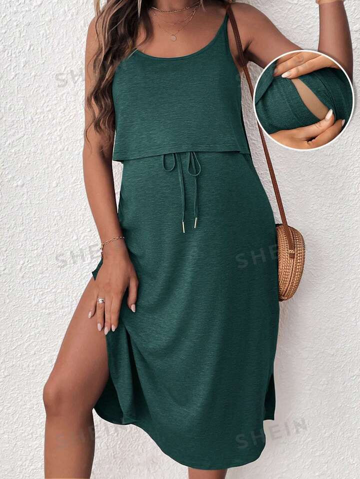 SHEIN Maternity Summer Casual Solid Color Side Slit Nursing Cami Dress | SHEIN