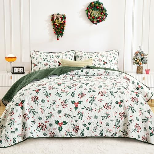 WONGS BEDDING Christmas Quilt Set Queen, Holly Berry Pattern Quilted Bedspread Bedding Set, Soft ... | Amazon (US)