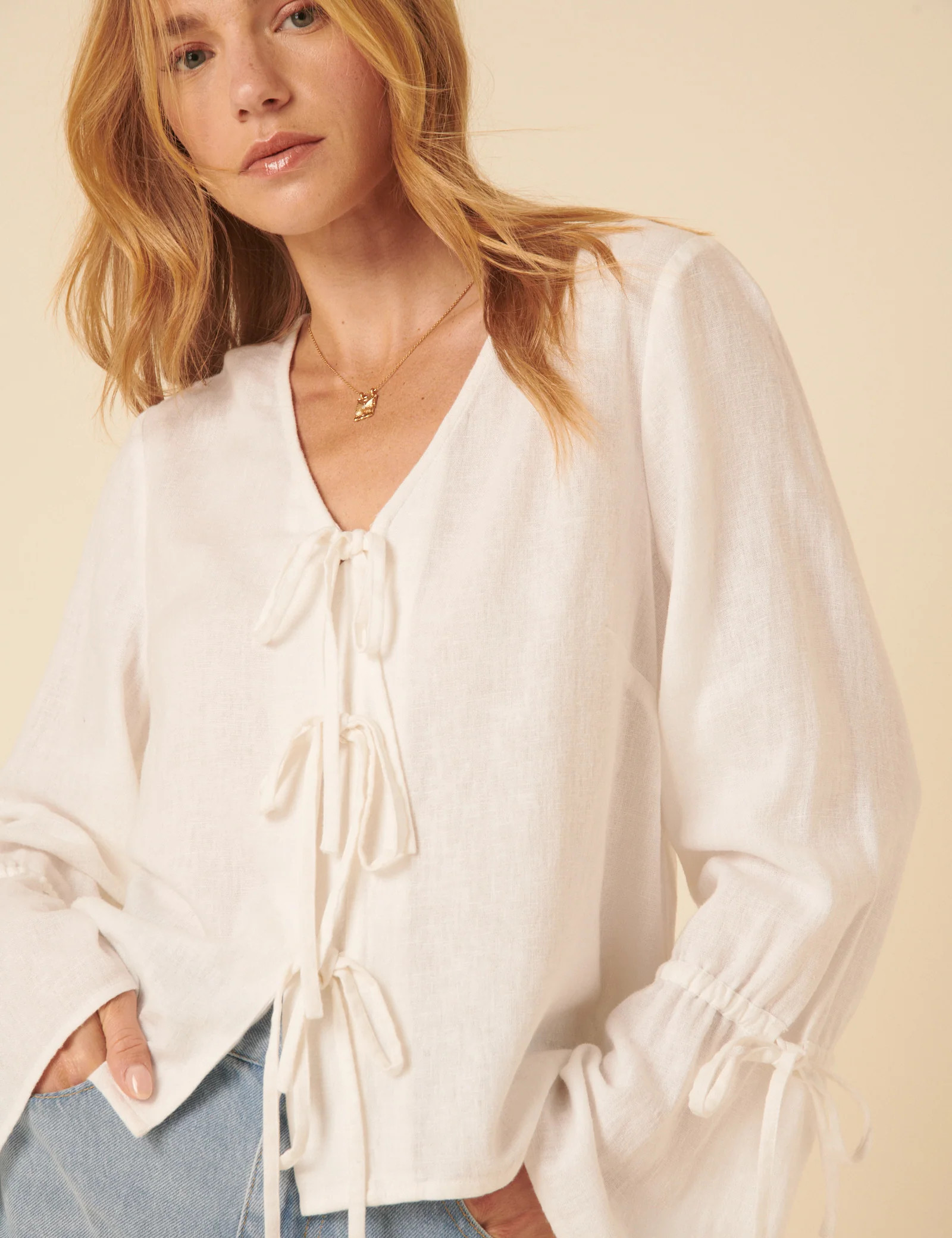 White Linen-blend Tie Front Blouse | Nobody's Child
