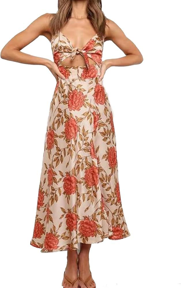 xxxiticat Women's Floral Satin Dress Sleeveless Spaghetti Straps Bow Knot Tied Cutout Front Split... | Amazon (US)