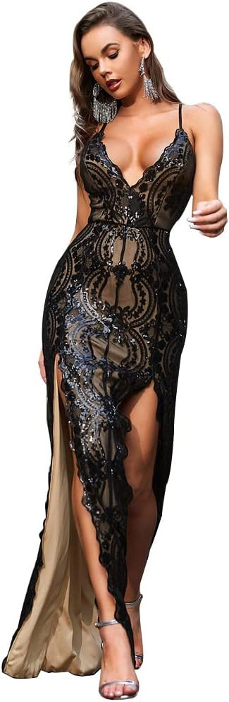 Women's Deep-V Neck High Split Sequin Evening Dresses Backless Formal Party Maxi Dress Gown | Amazon (US)