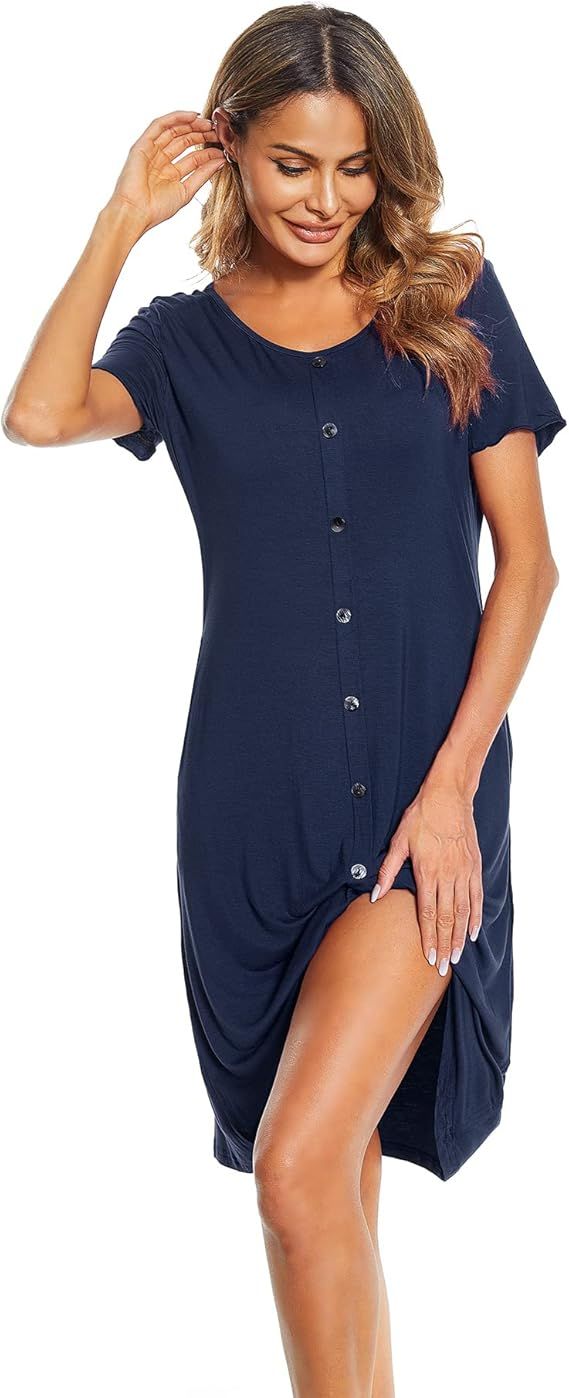 OUGES Women's Nightgown Short Sleeve V Neck Sleepwear Button Down Pajamas House Dress with Pocket... | Amazon (US)