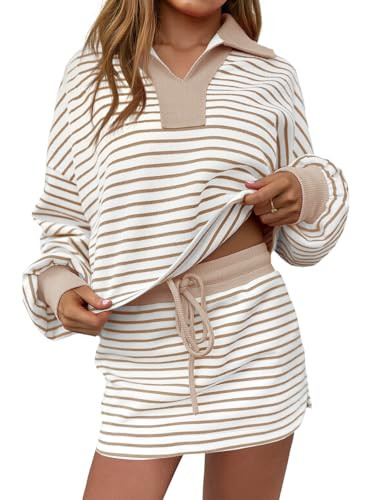 Fisoew Womens Striped 2 Piece Outfits Casual Sweatshirt Skirt Set Long Sleeve Skort Workout Set Matching Lounge Sets | Amazon (US)