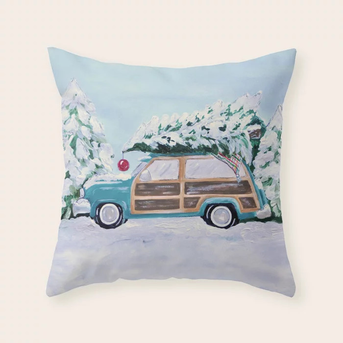 Blue vintage Christmas woody car with pine tree Throw Pillow | Society6